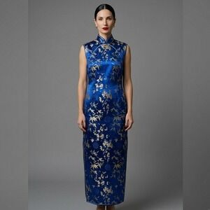 VTG Royal Blue & Gold Floral Brocade Cheongsam Qipao Dress